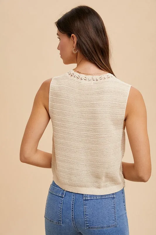 Boho Blossom Crochet Trim Sweater Vest