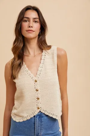 Boho Blossom Crochet Trim Sweater Vest