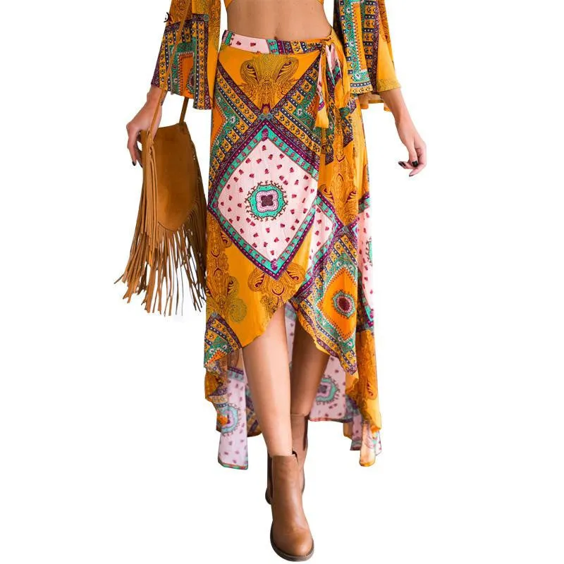 Boho print bow asymmetrical women skirt long style beach maxi skirt Vintage cotton loose flare skirts