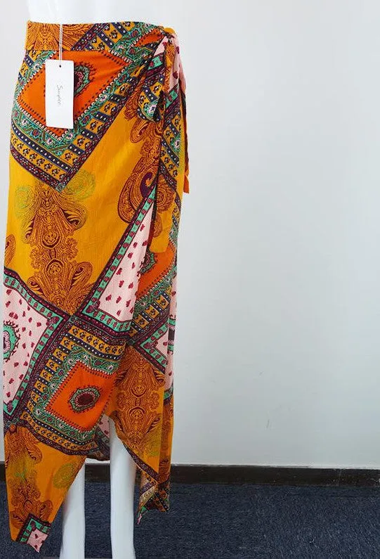 Boho print bow asymmetrical women skirt long style beach maxi skirt Vintage cotton loose flare skirts