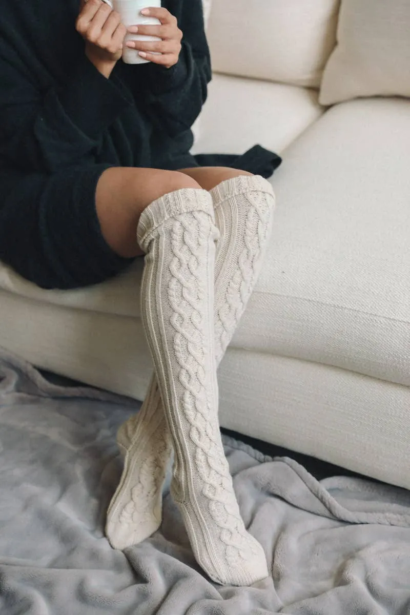 Bold & Cozy Thigh-High Cable Knit Socks for Trendy Winters