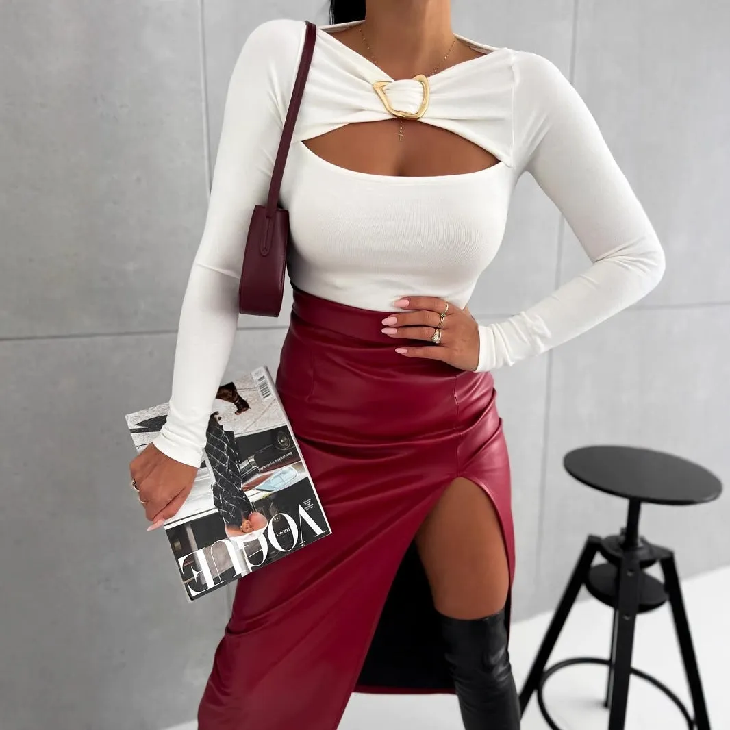 Bold Hollow-Out Detail Long Sleeve Knit Top
