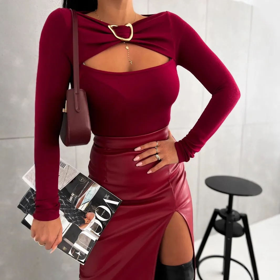 Bold Hollow-Out Detail Long Sleeve Knit Top