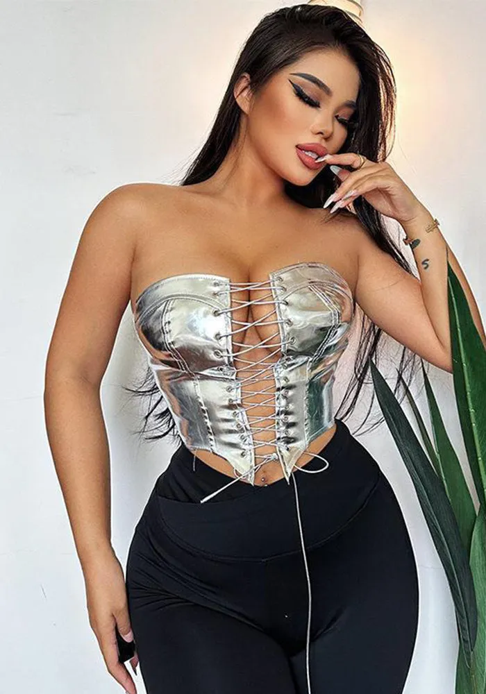 Bold Metallic Strapless Lace-Up Corset Top