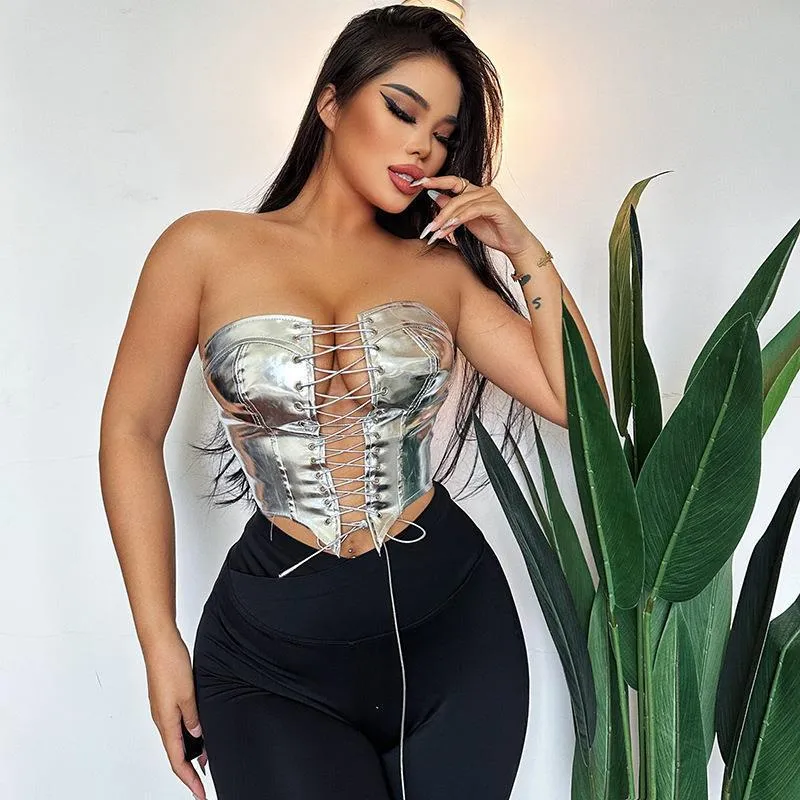 Bold Metallic Strapless Lace-Up Corset Top