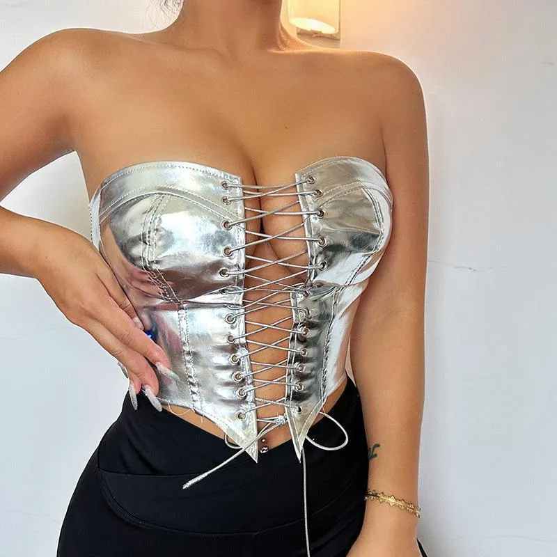 Bold Metallic Strapless Lace-Up Corset Top