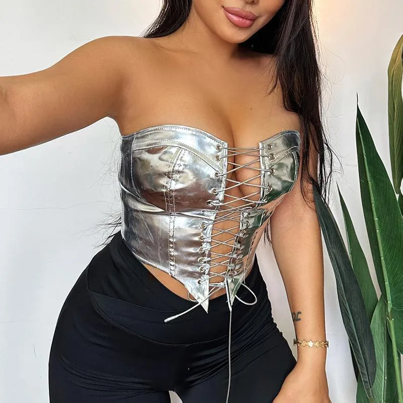 Bold Metallic Strapless Lace-Up Corset Top