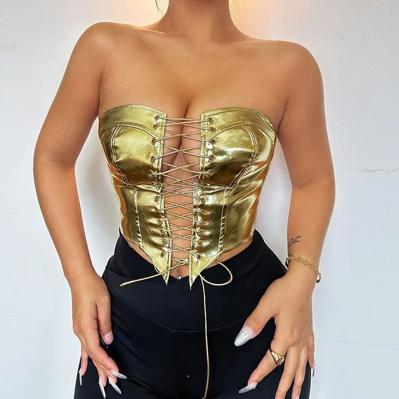 Bold Metallic Strapless Lace-Up Corset Top