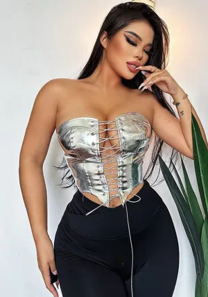 Bold Metallic Strapless Lace-Up Corset Top