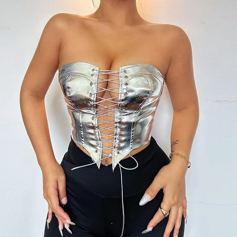 Bold Metallic Strapless Lace-Up Corset Top
