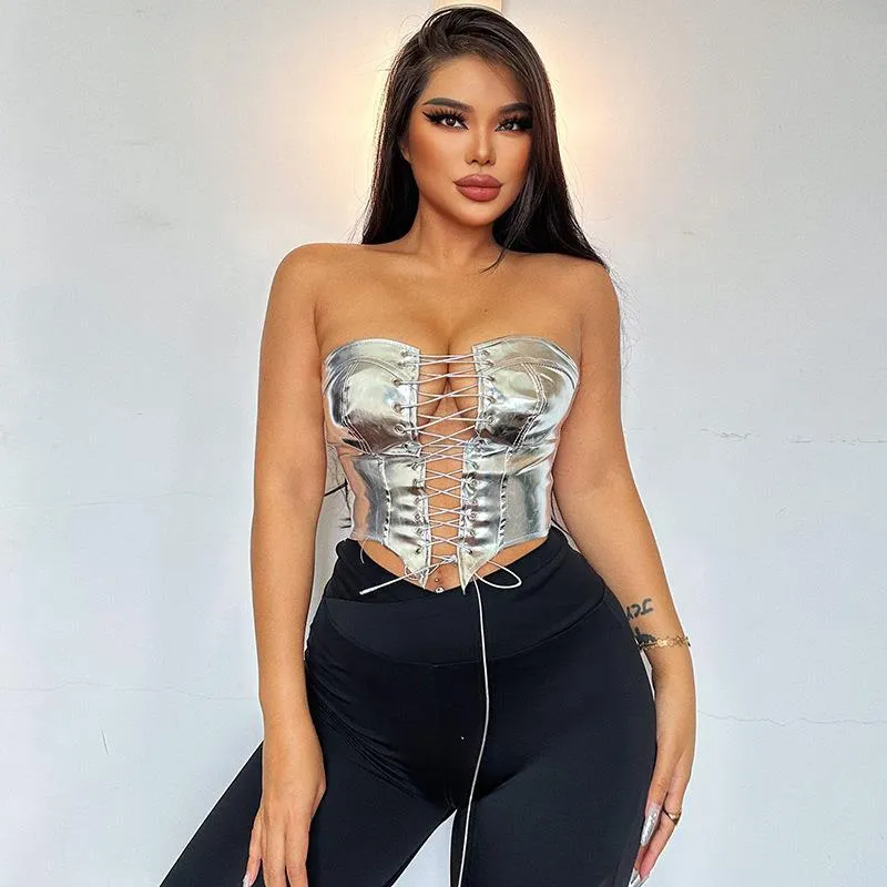 Bold Metallic Strapless Lace-Up Corset Top