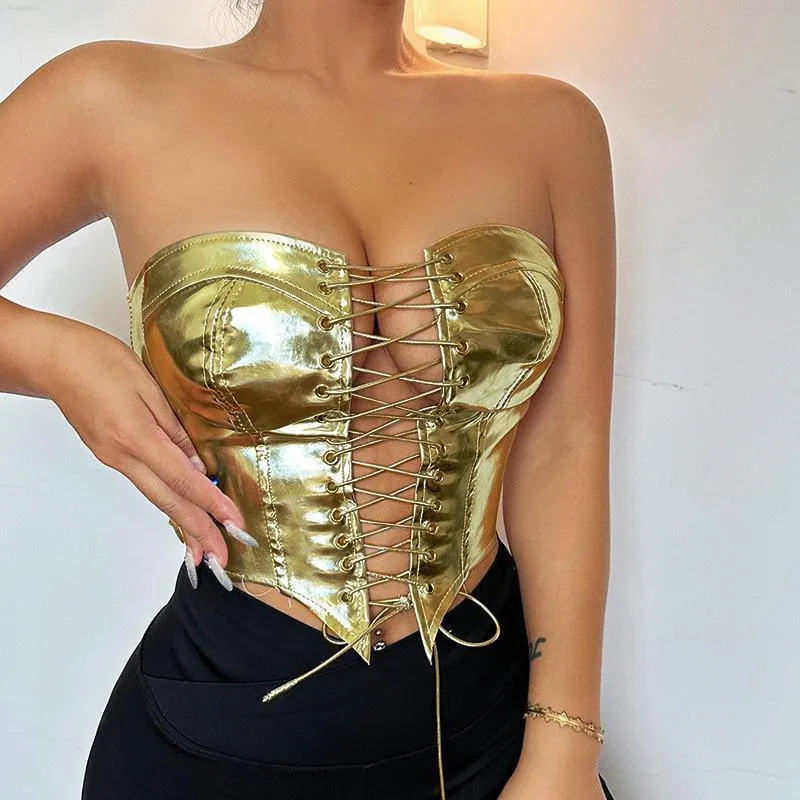 Bold Metallic Strapless Lace-Up Corset Top