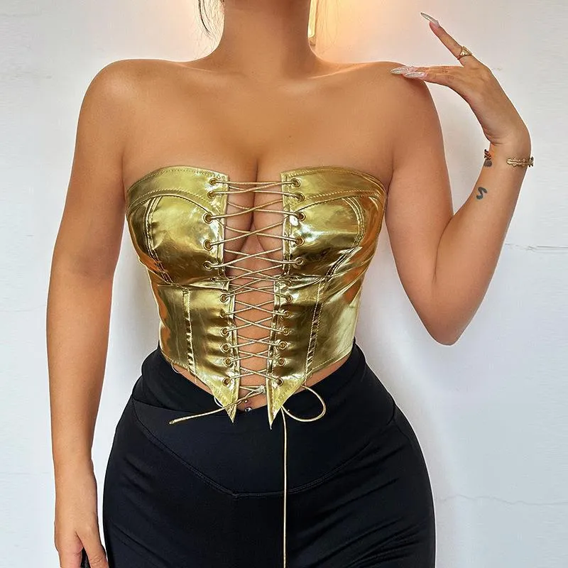 Bold Metallic Strapless Lace-Up Corset Top