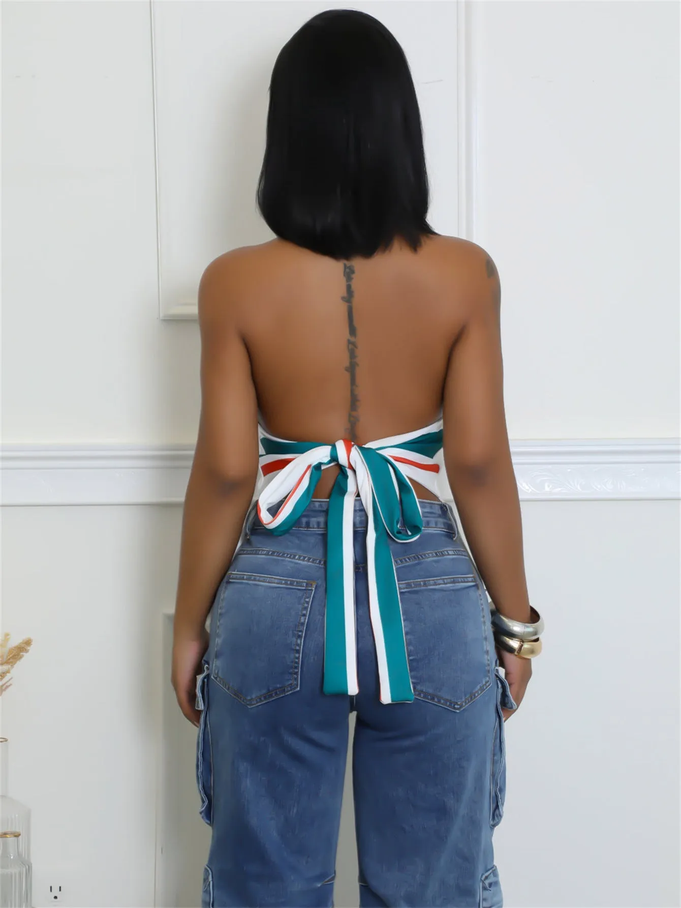Bold Printed Halter Neck Crop Top with Metal Clasp Detail