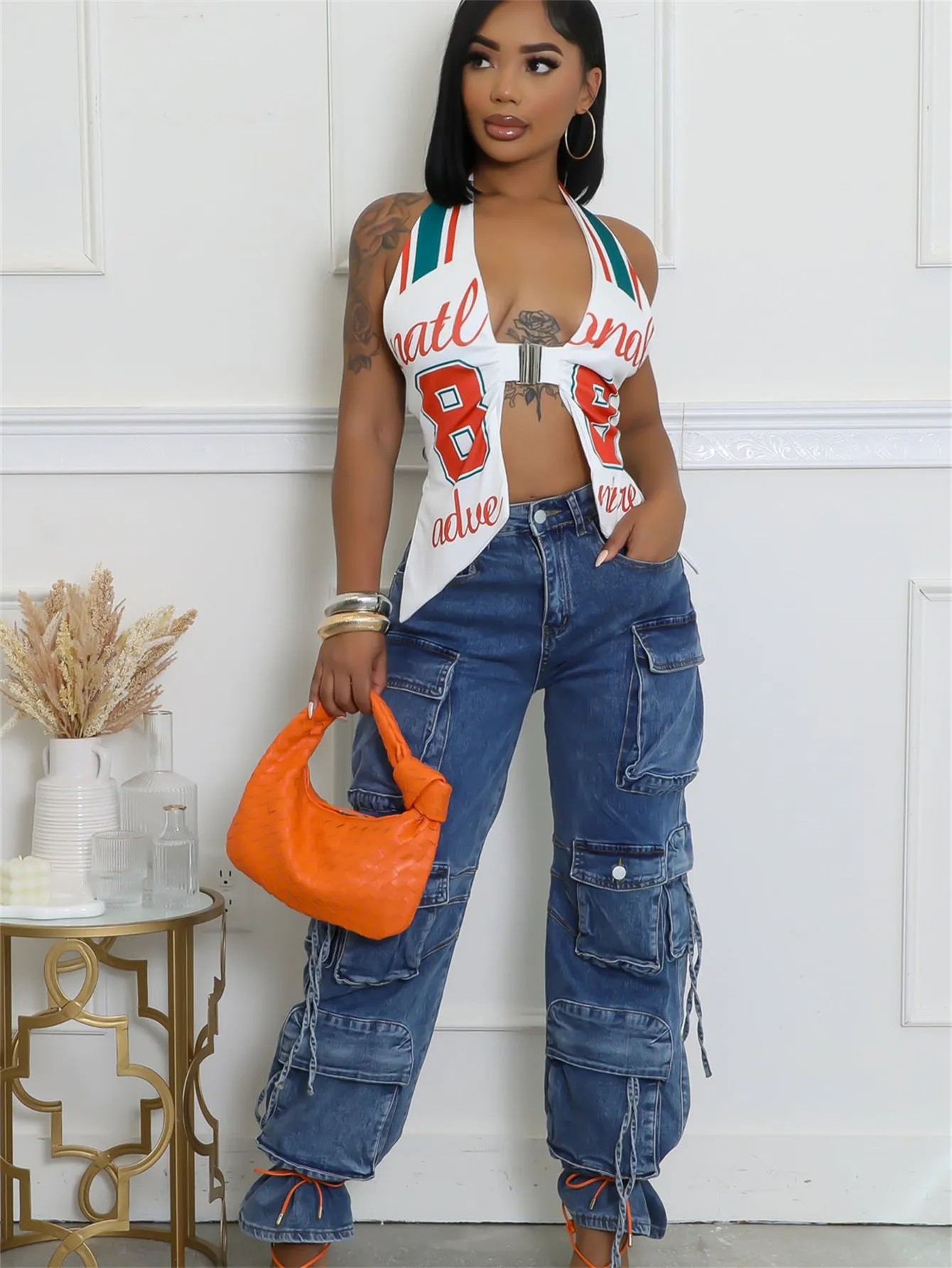 Bold Printed Halter Neck Crop Top with Metal Clasp Detail