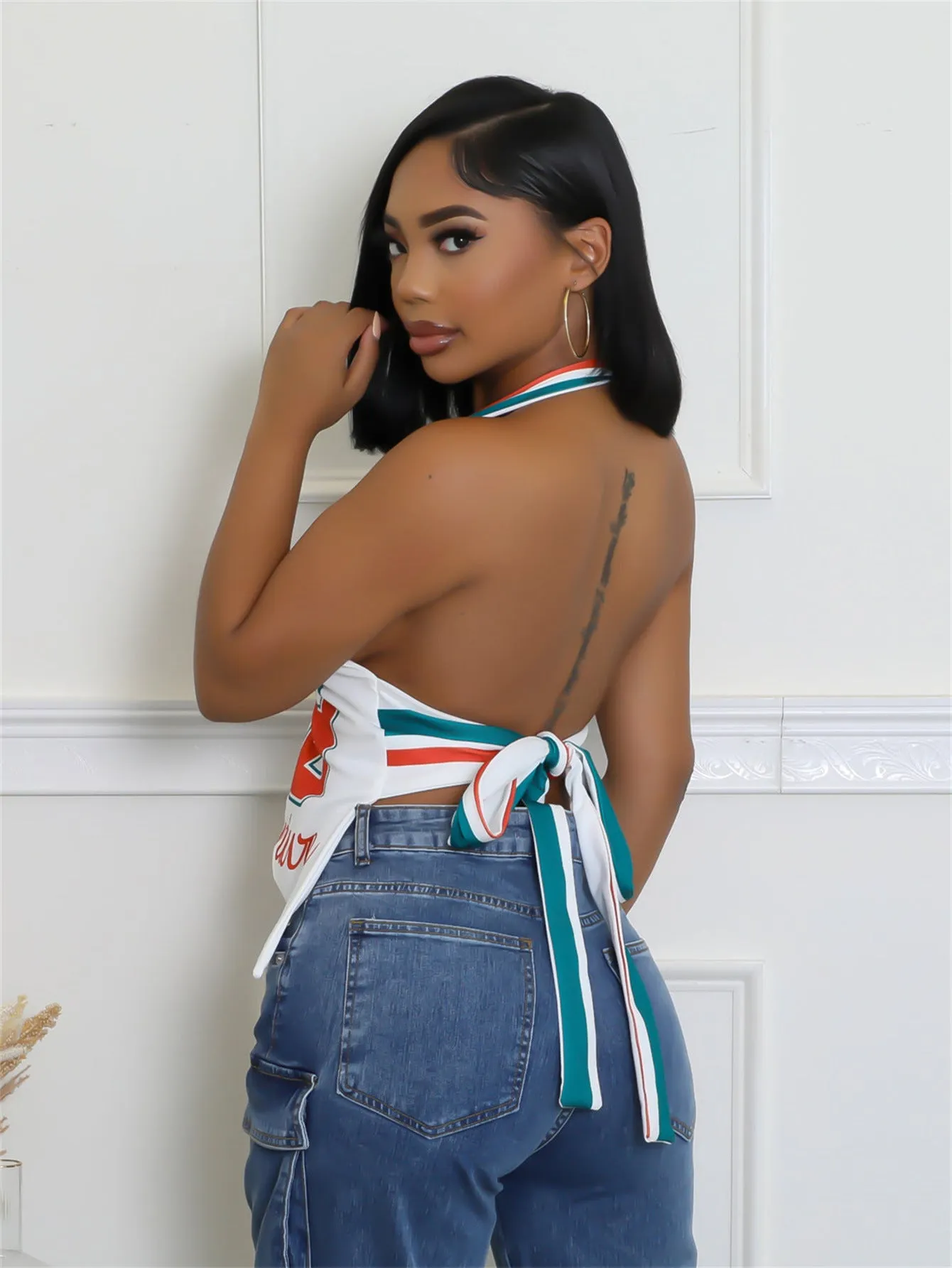 Bold Printed Halter Neck Crop Top with Metal Clasp Detail