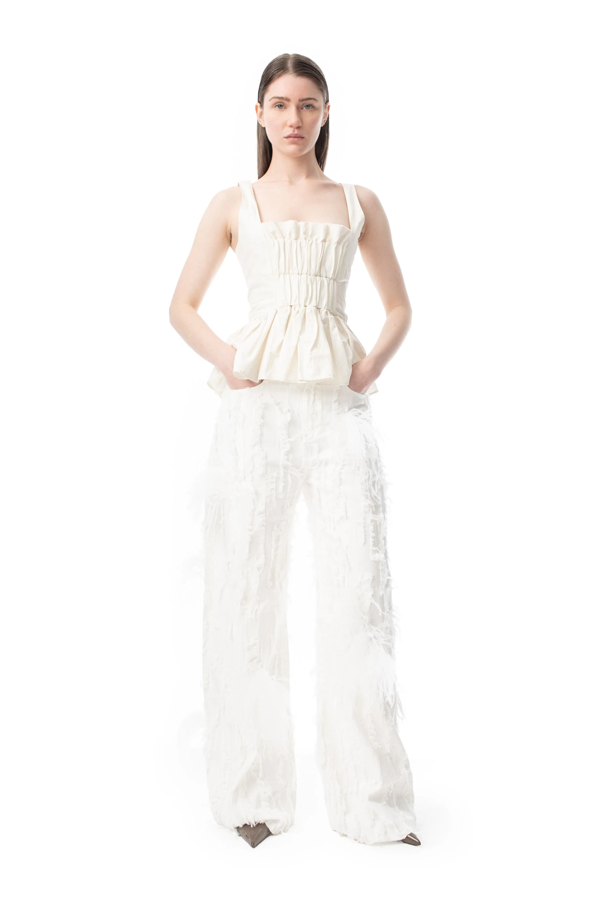 BOYFRIEND TROUSERS IN WHITE SHREDDED DENIM