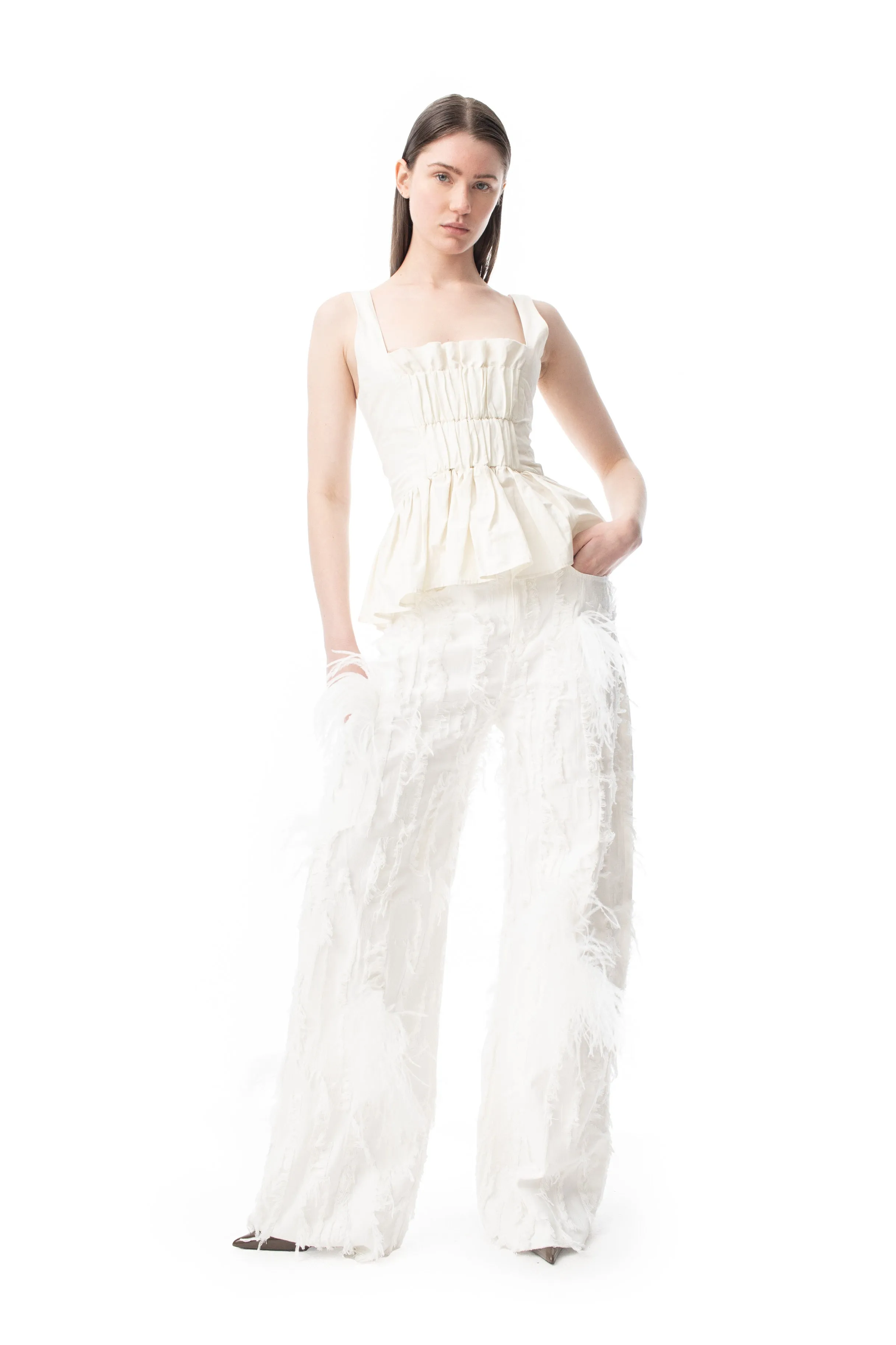 BOYFRIEND TROUSERS IN WHITE SHREDDED DENIM