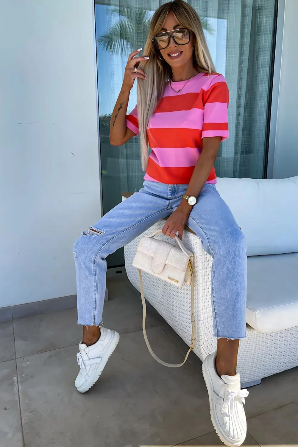 Bright Pink Colorblock Striped Knit T shirt