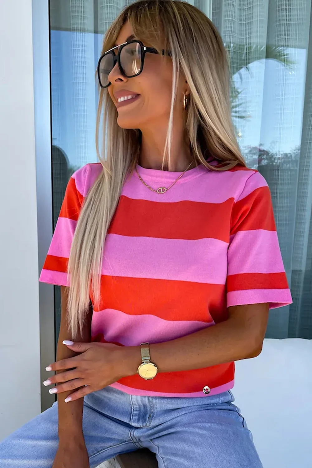 Bright Pink Colorblock Striped Knit T shirt