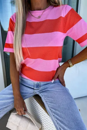 Bright Pink Colorblock Striped Knit T shirt