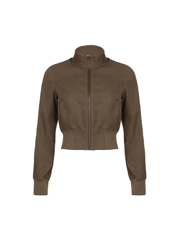 Brown Vintage Zipper High Collar Slimming Jacket