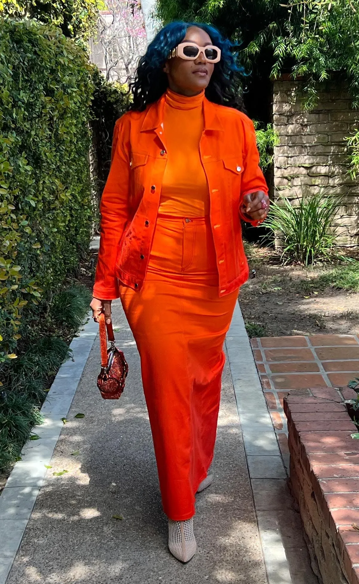 BruceGlen Orange High Waist Denim Skirt (As Worn by Sarah Jakes Roberts)