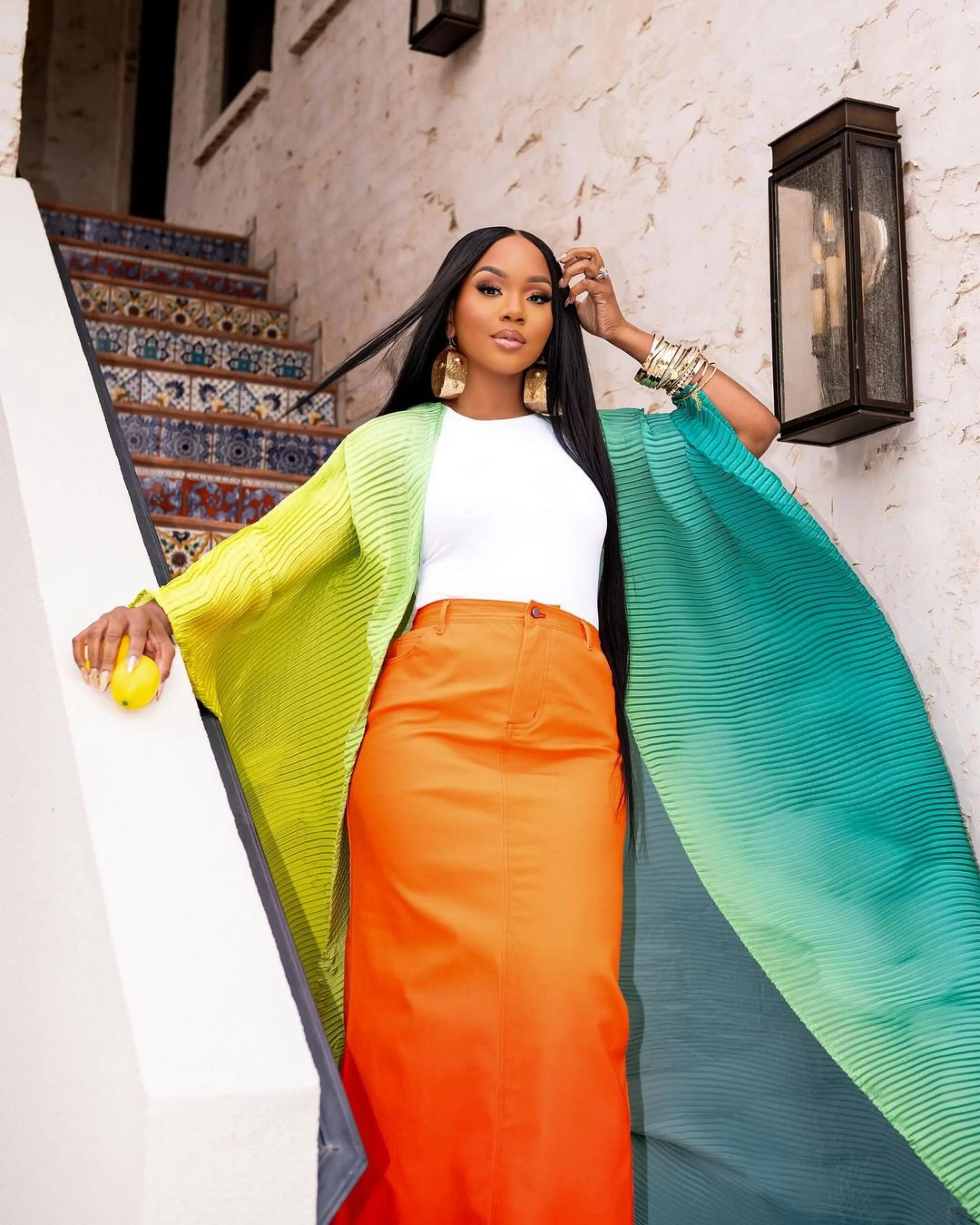 BruceGlen Orange High Waist Denim Skirt (As Worn by Sarah Jakes Roberts)