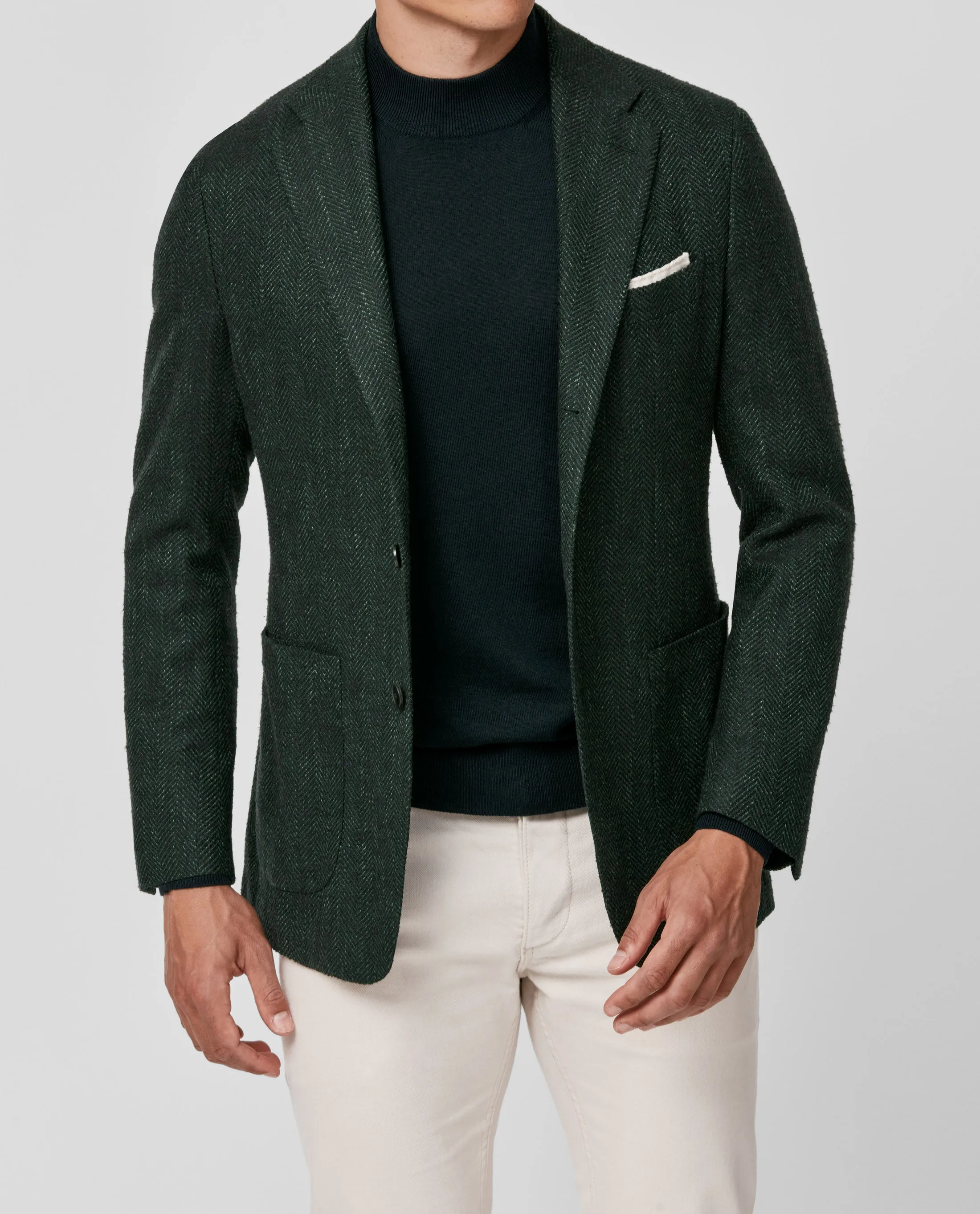 Carlo Barbera Bottle Green Wool, Silk & Cotton Stretch Herringbone