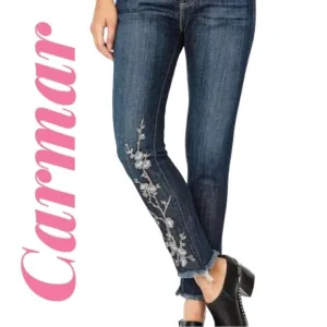 CARMAR Floral Embroidered Raw Hem Ankle High Rise Jeans, Size 26