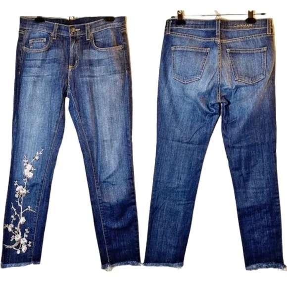 CARMAR Floral Embroidered Raw Hem Ankle High Rise Jeans, Size 26