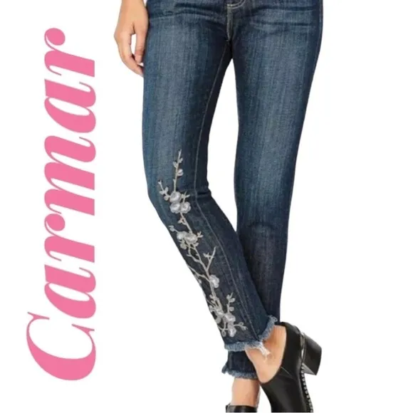 CARMAR Floral Embroidered Raw Hem Ankle High Rise Jeans, Size 26