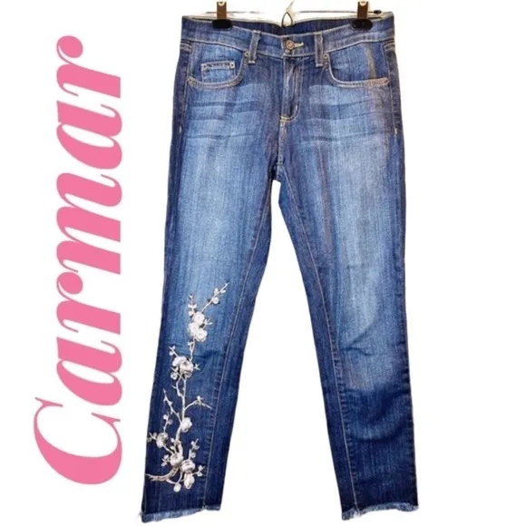 CARMAR Floral Embroidered Raw Hem Ankle High Rise Jeans, Size 26