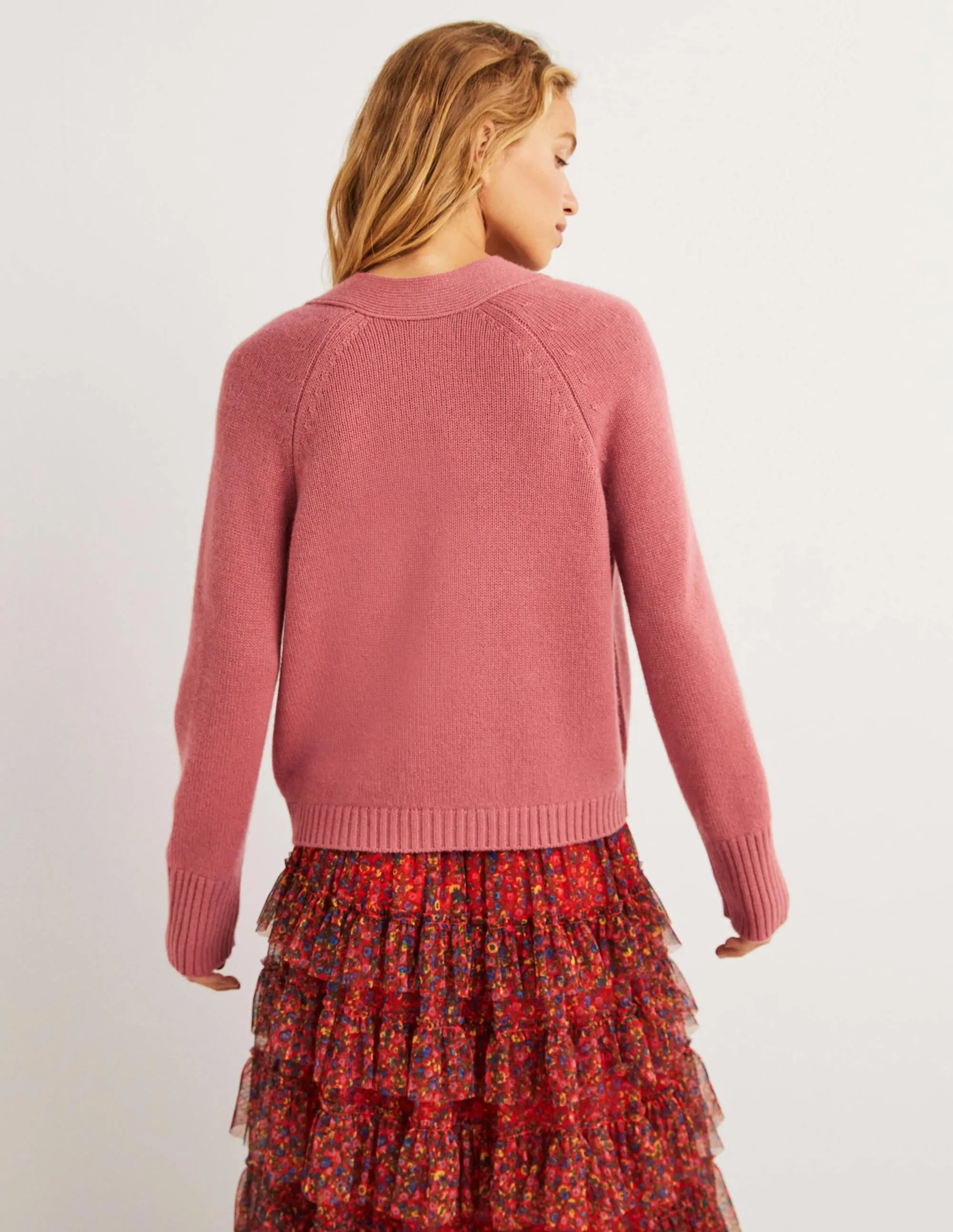 Cashmere Rib Cardigan-Dusty Red Melange