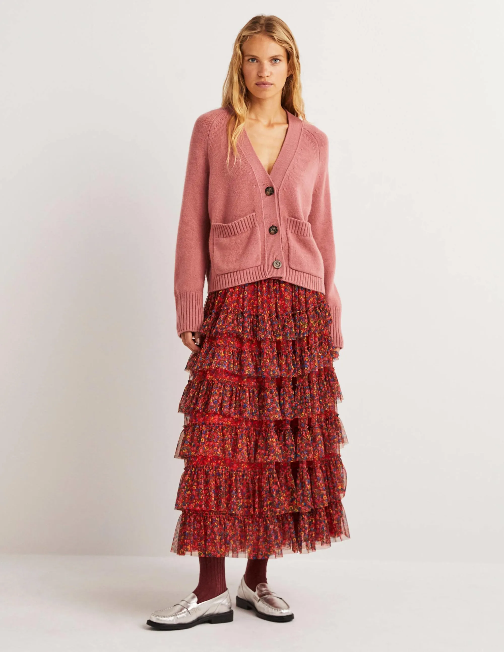 Cashmere Rib Cardigan-Dusty Red Melange