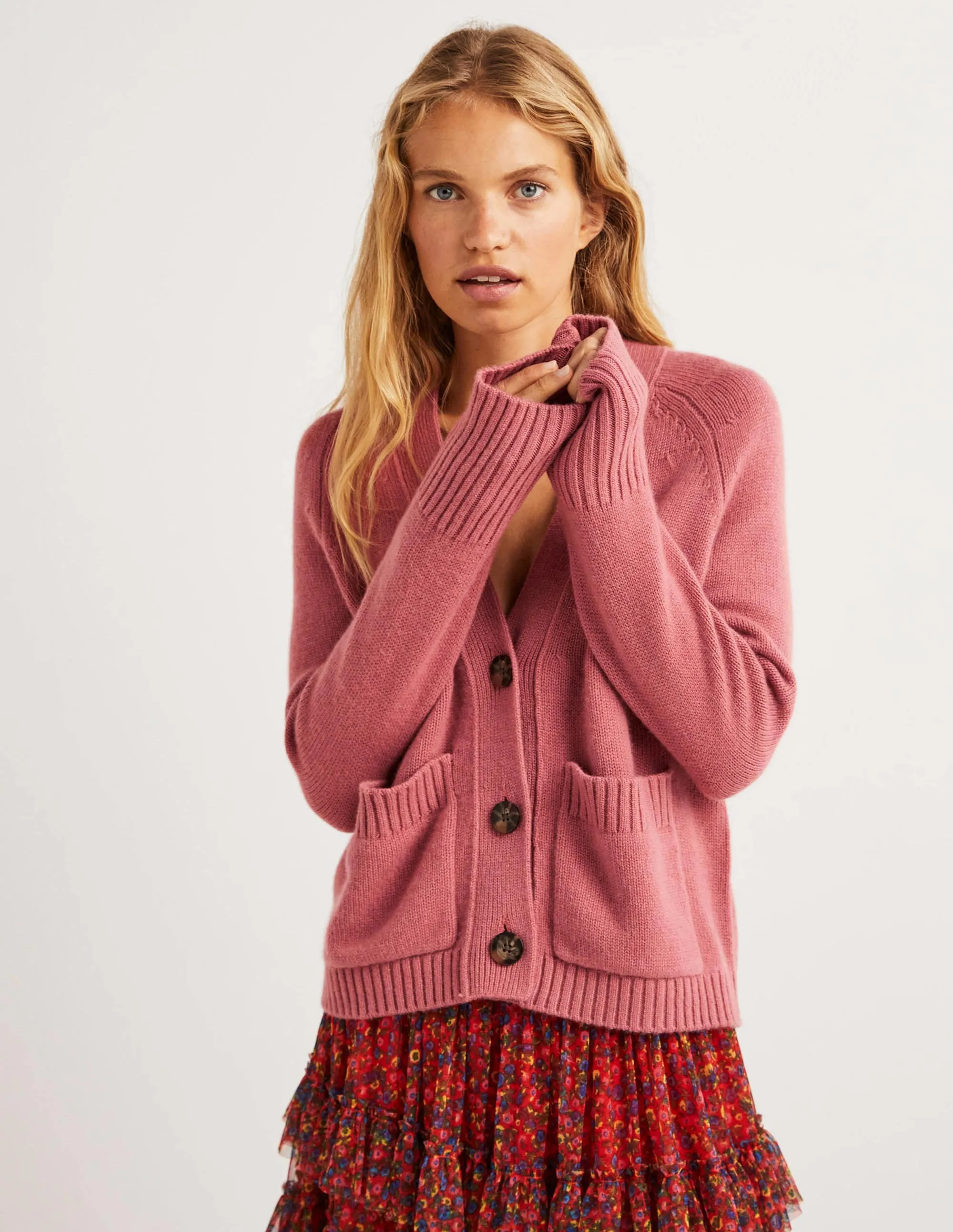 Cashmere Rib Cardigan-Dusty Red Melange