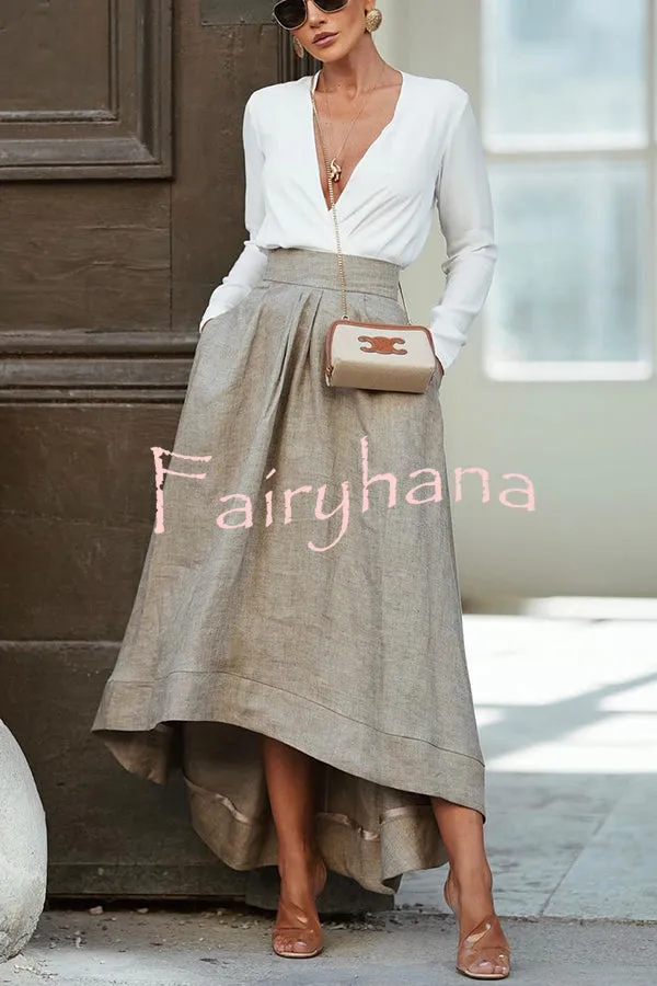Caught A Vibe Linen Blend Back Elastic Waist Pocketed High Low Maxi Skirt