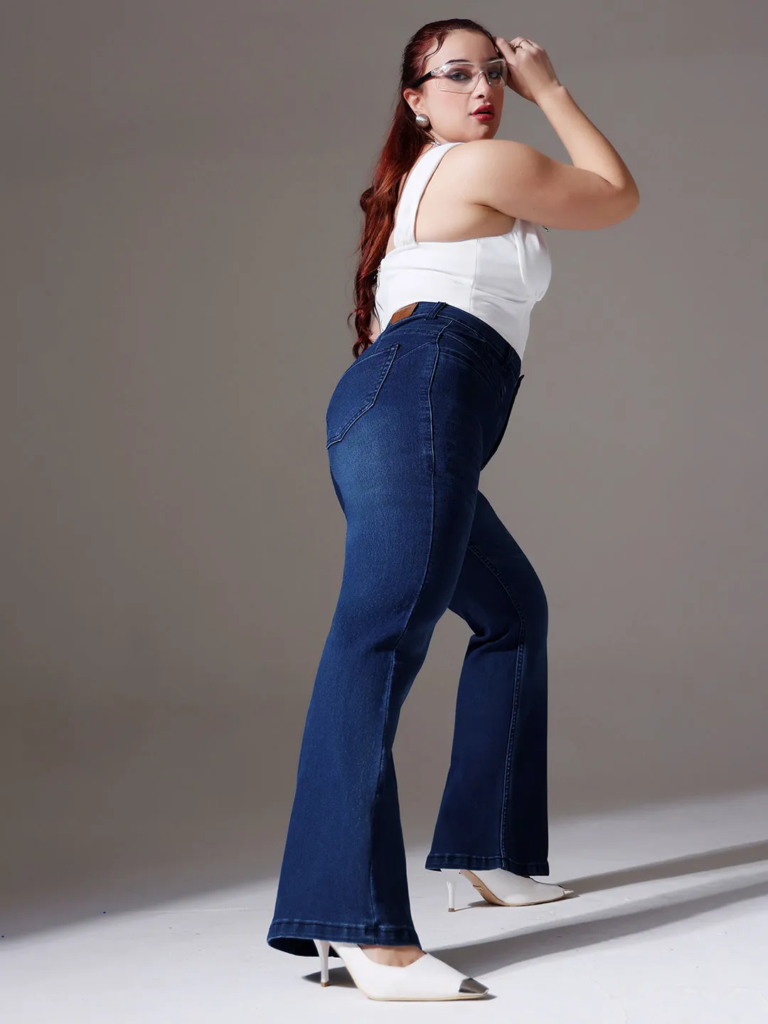 CHASEshape™ Navy-Blue Bootcut High-Rise Clean-Look Stretchable Denim Jeans