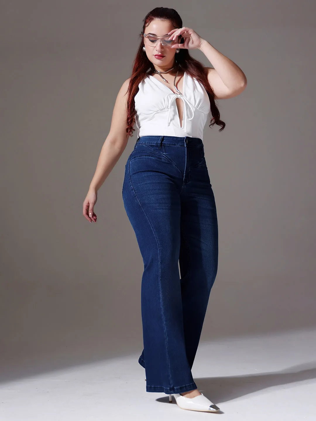 CHASEshape™ Navy-Blue Bootcut High-Rise Clean-Look Stretchable Denim Jeans