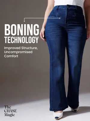CHASEshape™ Navy-Blue Bootcut High-Rise Clean-Look Stretchable Denim Jeans
