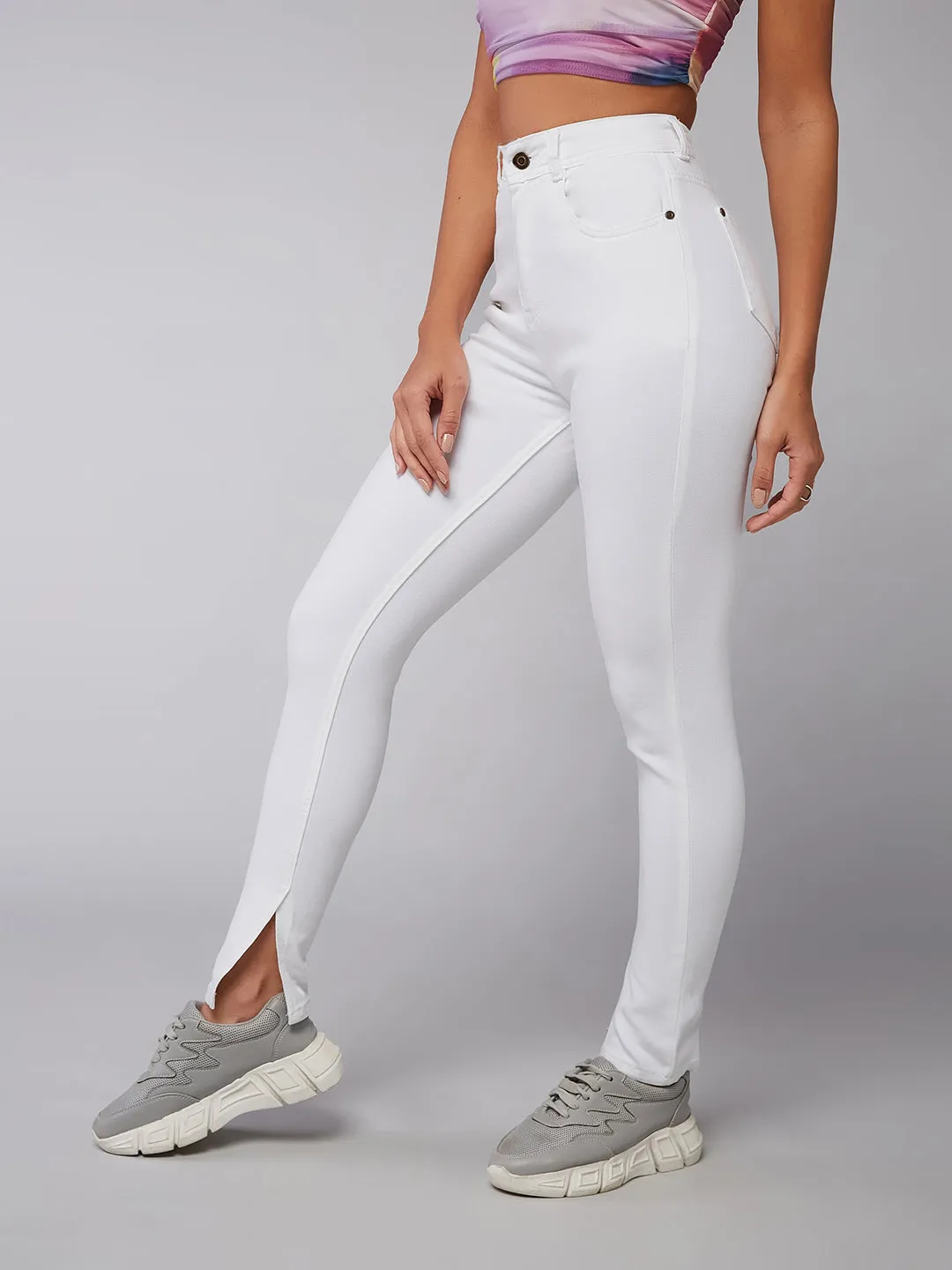 CHASEstretch™ White Skinny Mid-Rise Bleached Side-Slit Denim Jeans