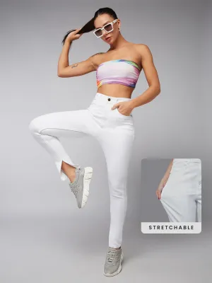 CHASEstretch™ White Skinny Mid-Rise Bleached Side-Slit Denim Jeans