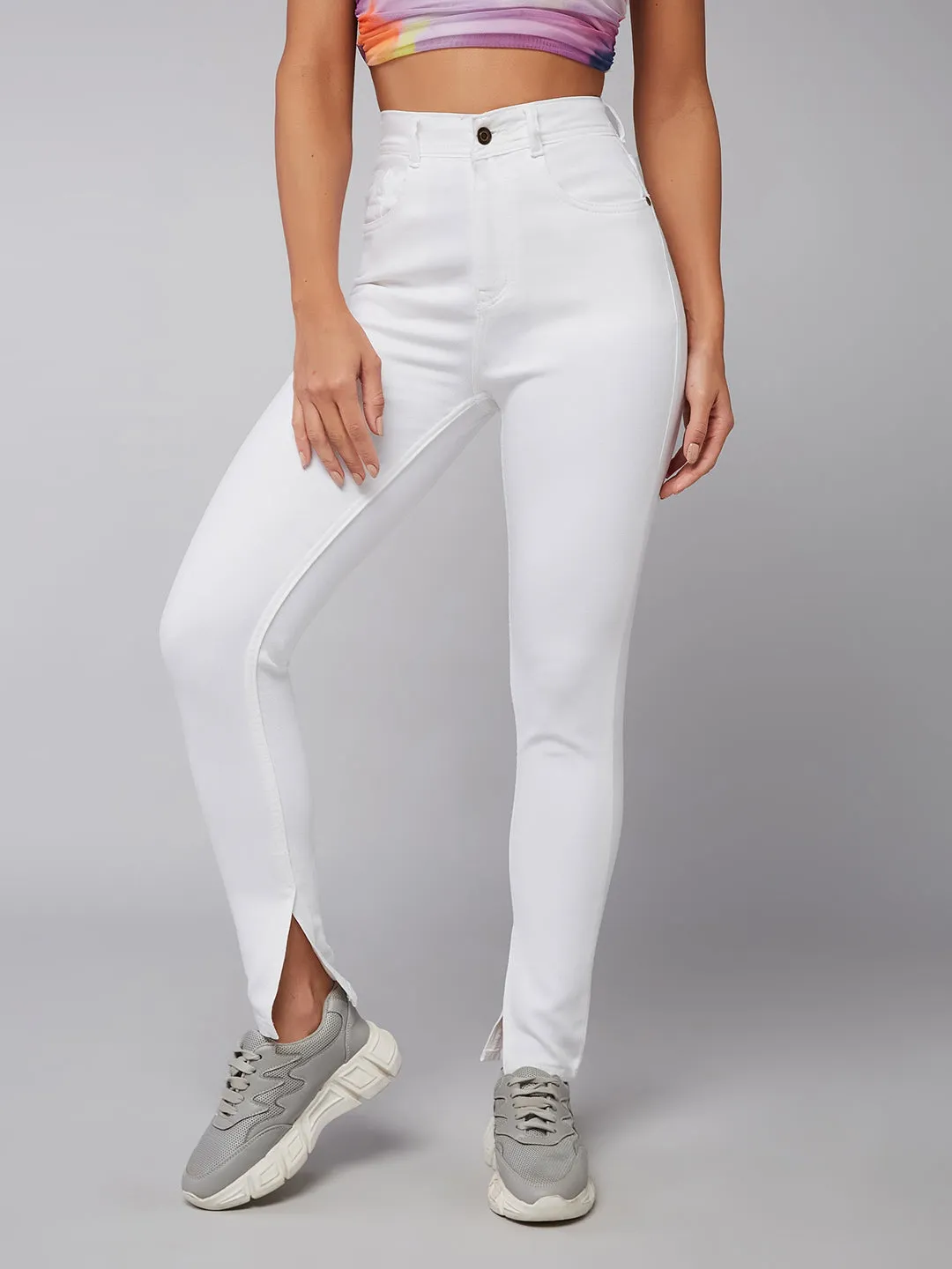 CHASEstretch™ White Skinny Mid-Rise Bleached Side-Slit Denim Jeans