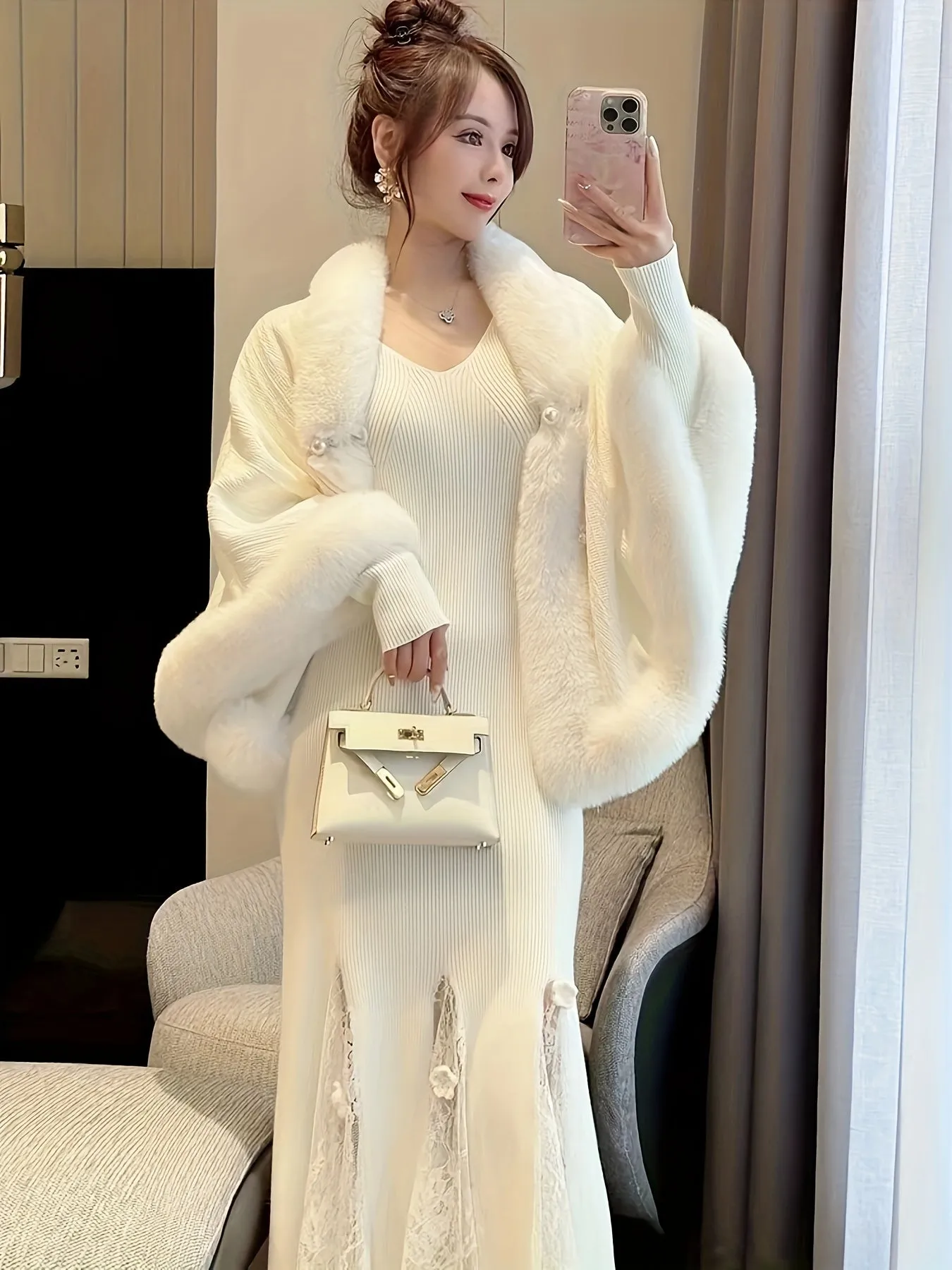 Chic AllSeason Feather Knit Poncho with Faux Fur Trim