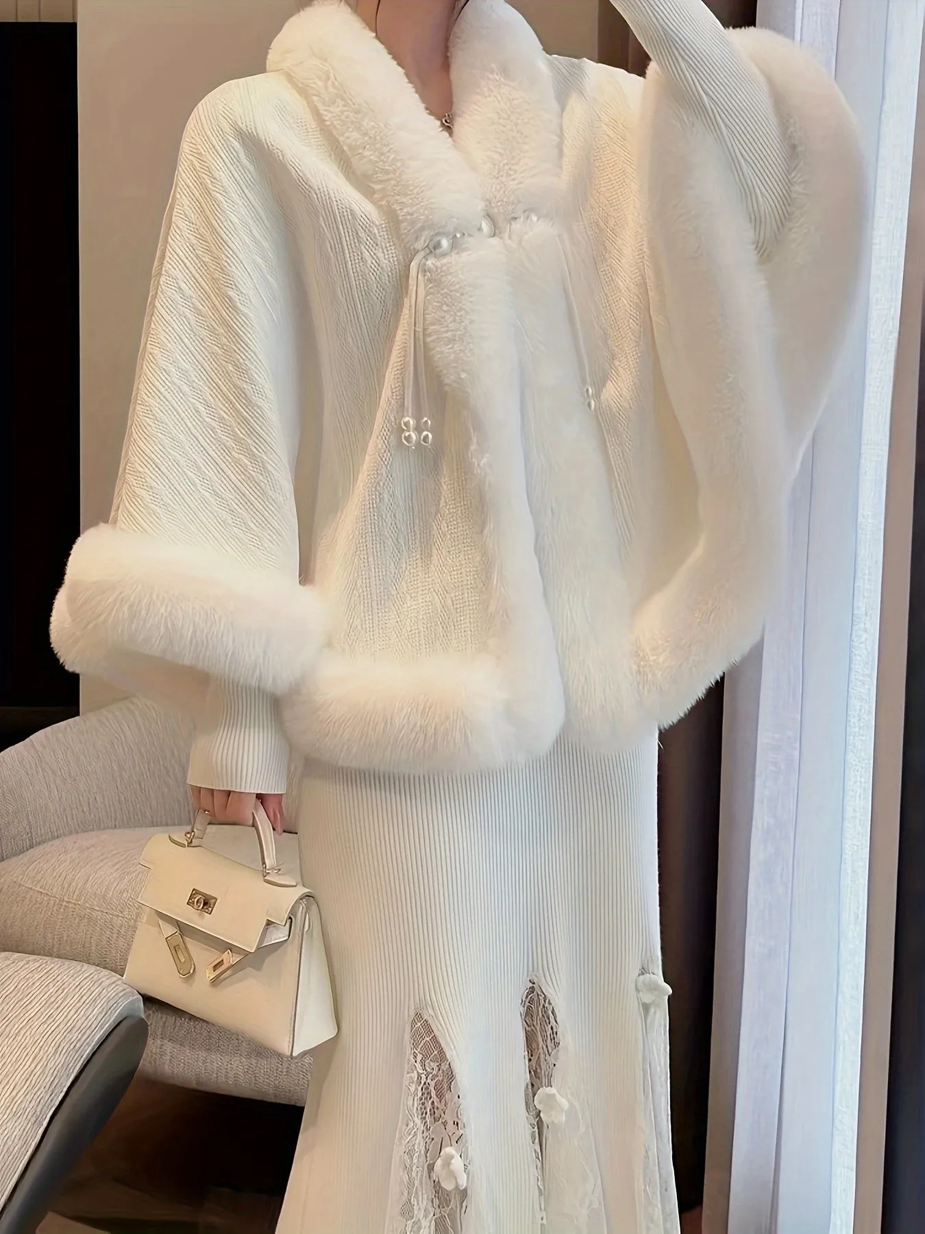 Chic AllSeason Feather Knit Poncho with Faux Fur Trim