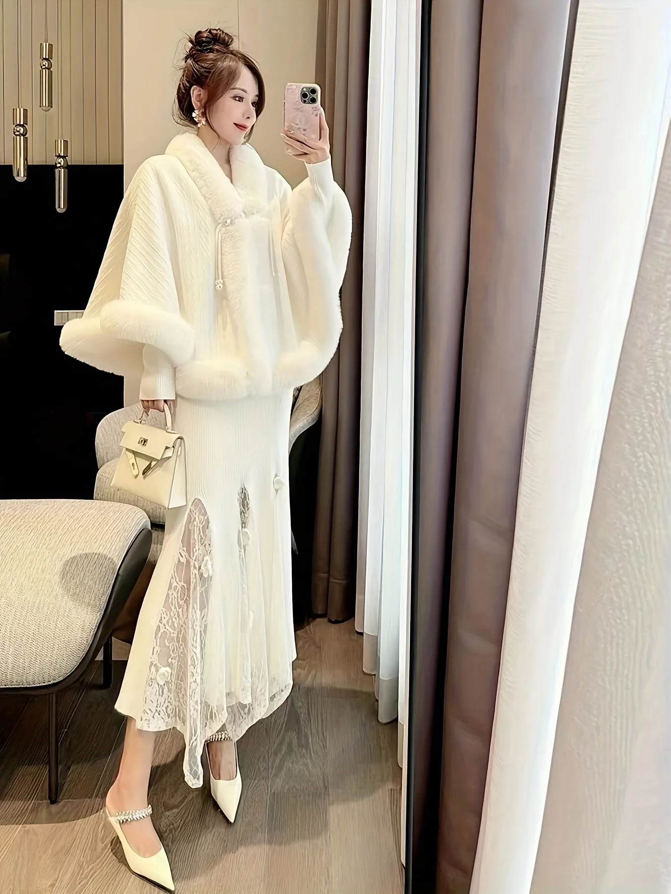 Chic AllSeason Feather Knit Poncho with Faux Fur Trim