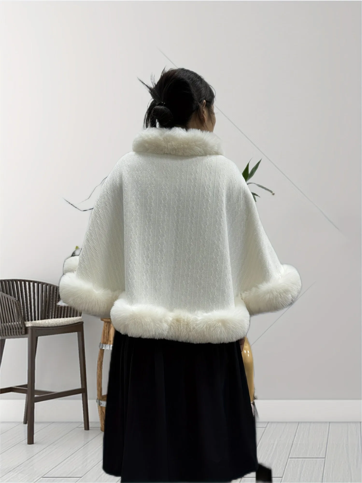 Chic AllSeason Feather Knit Poncho with Faux Fur Trim