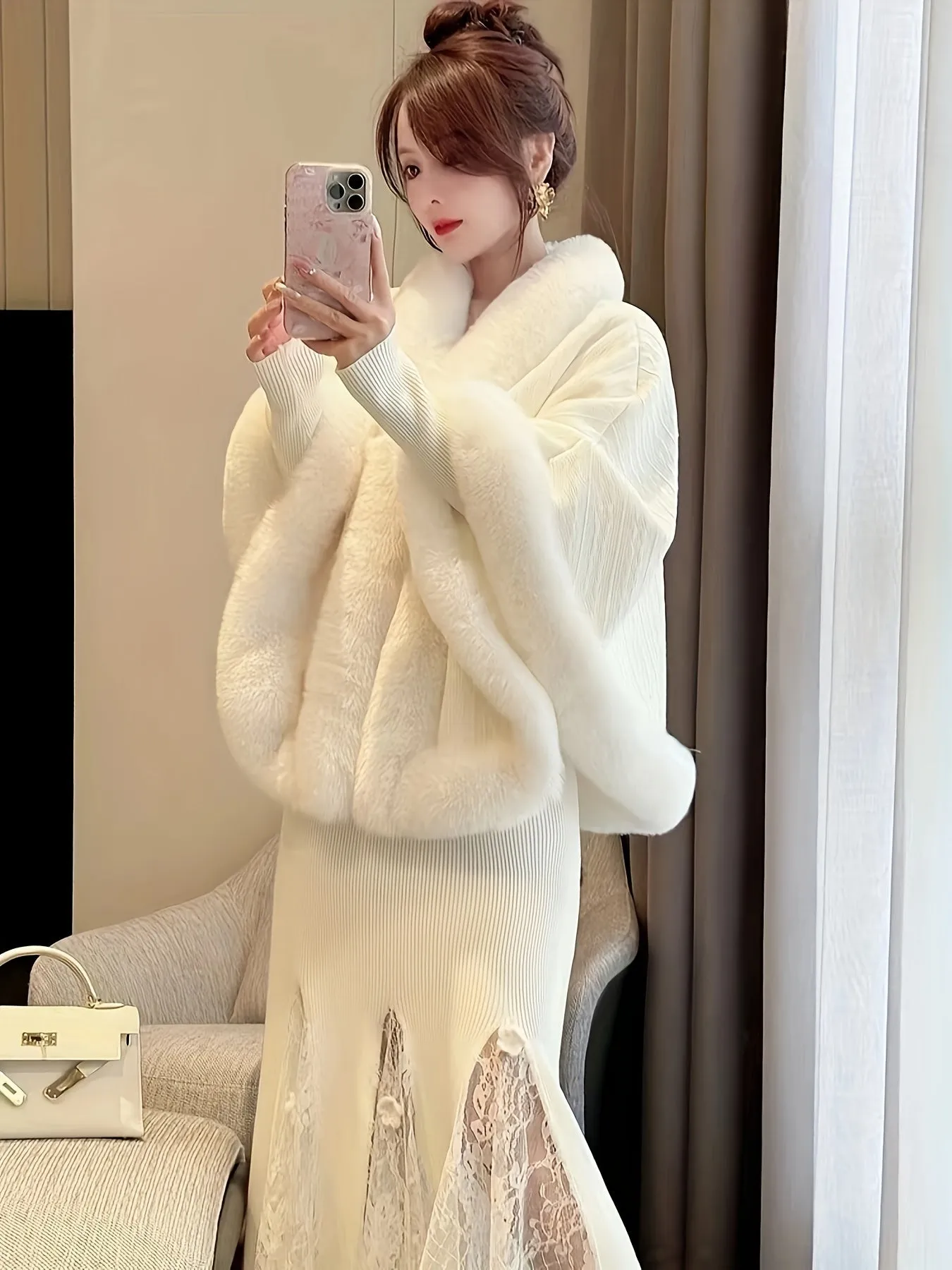 Chic AllSeason Feather Knit Poncho with Faux Fur Trim