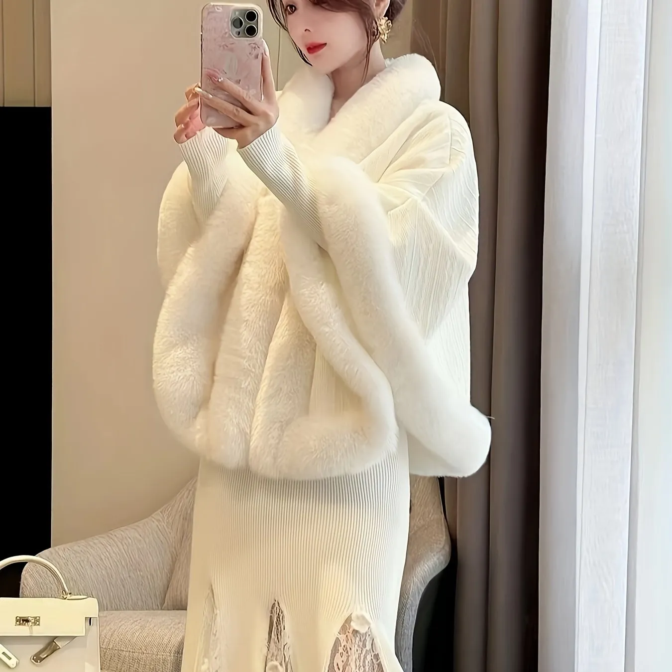 Chic AllSeason Feather Knit Poncho with Faux Fur Trim