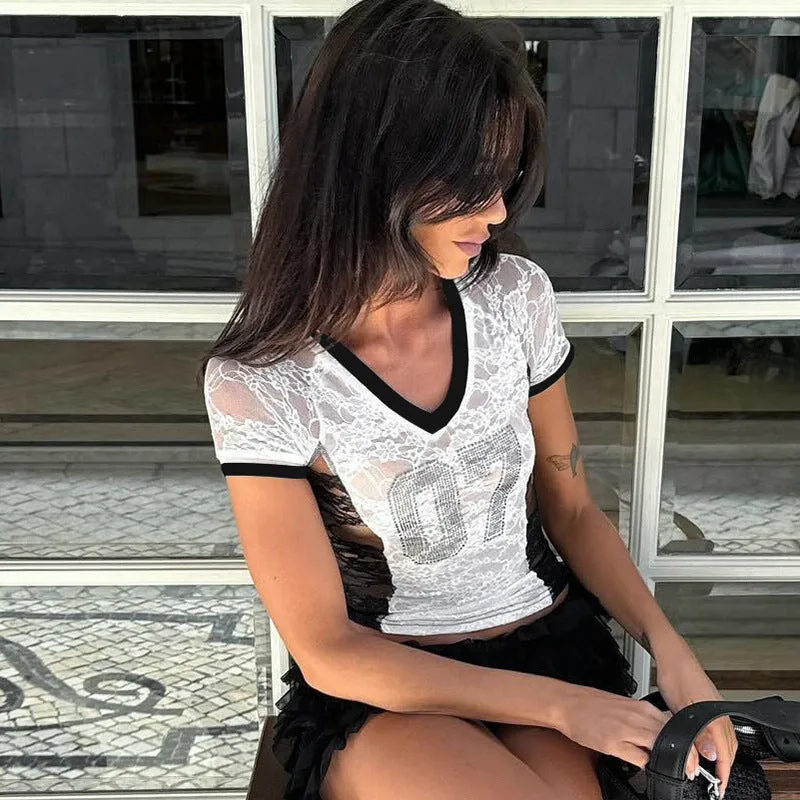 Chic French-Inspired Beaded Lace See-Through Patchwork T-Shirt